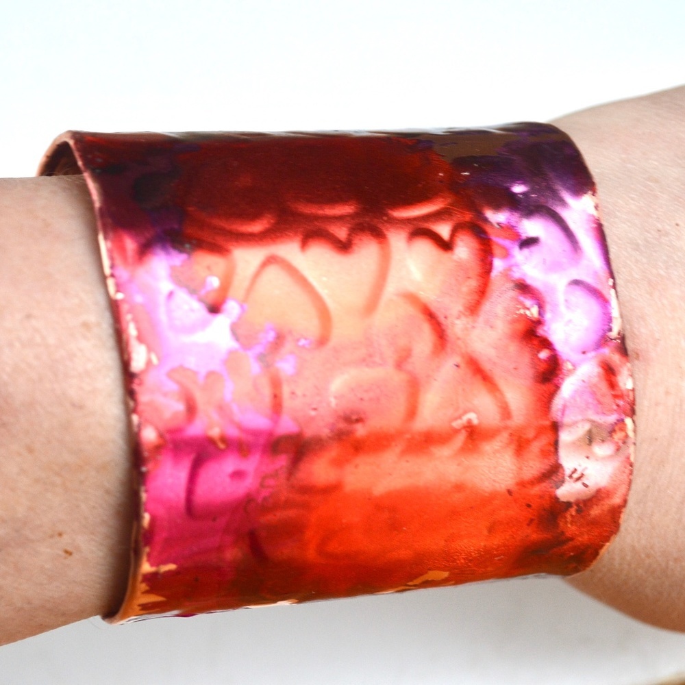 Pink Red Purple Hearts Copper Cuff Bracelet Wide Handmade Boho Gift Statement